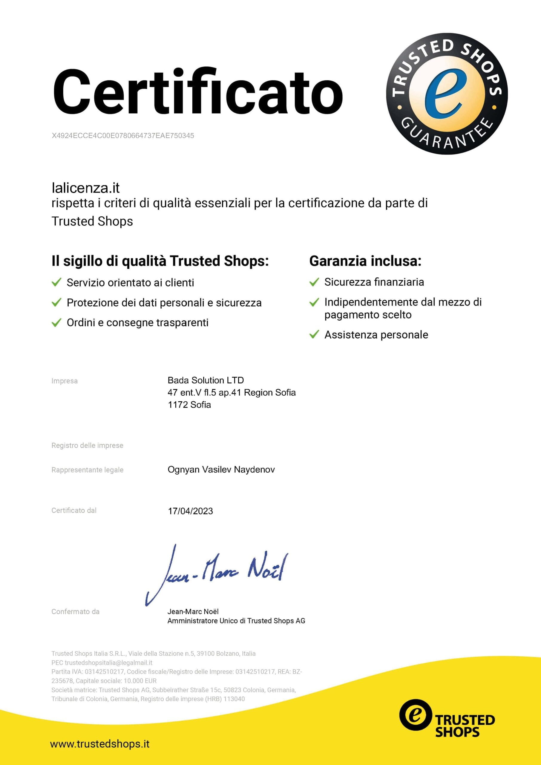 trustedshops certificate lalicenza