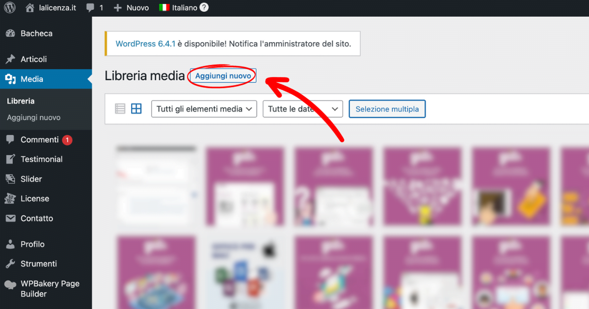 libreria media wordpress aggiungi nuovo
